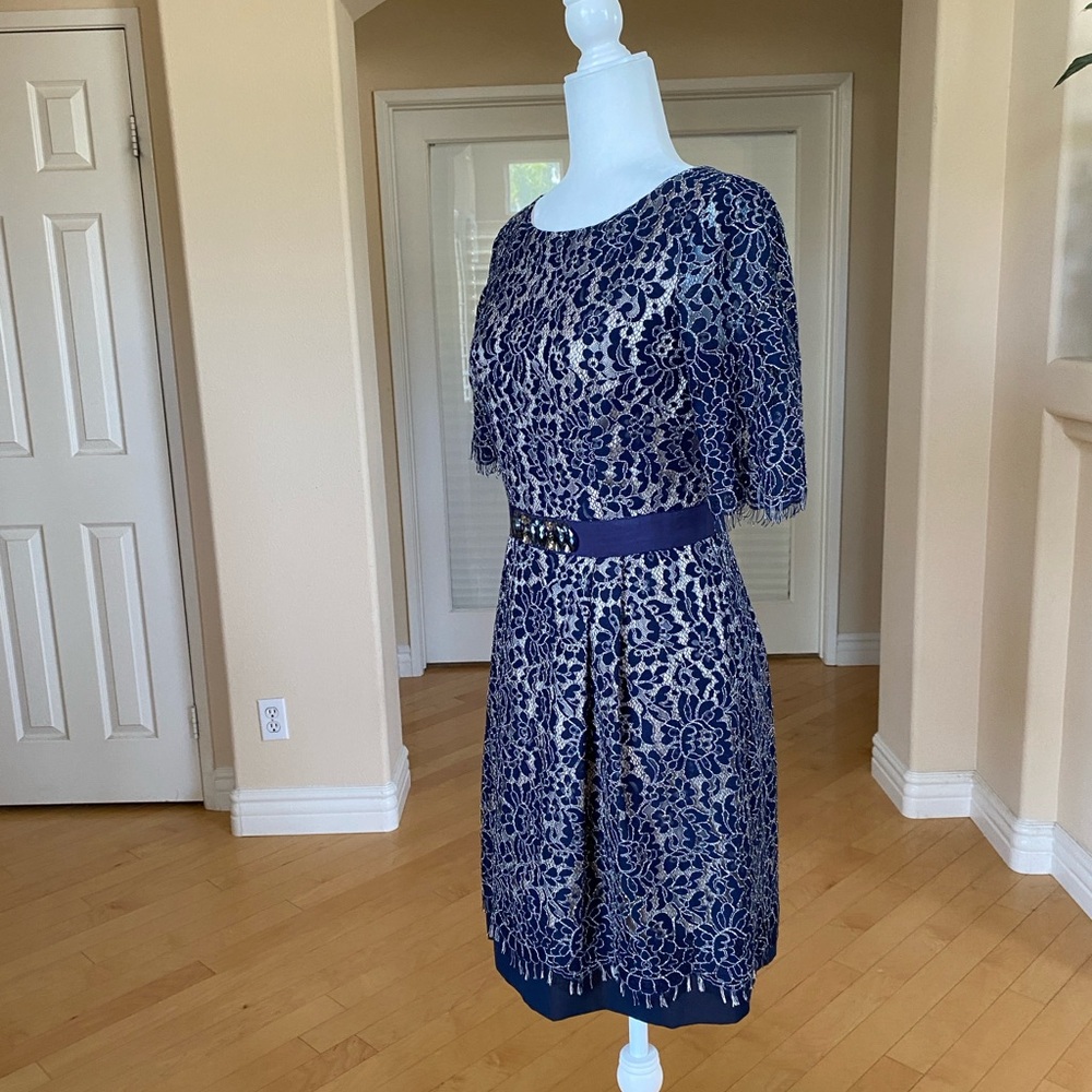 Eliza J Blue and Cream Lace A-line Mini Dress with 3/4 Sleeves - Picture 3 of 10